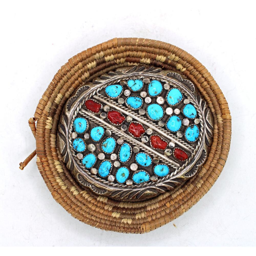 R. Bahe Signed Sterling Silver Turquoise and Coral Cluster Belt Buckle
